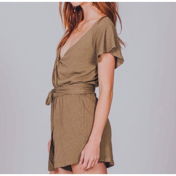 Free People Womens Romper Sm Moss Green Linen Blend Ballerina Tie Waist Beachy - Picture 3 of 15